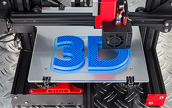 Red black 3D printer printing blue logo symbol on metal diamond plate future technology modern concept
