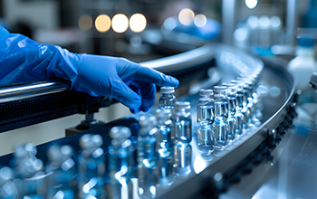 Medicine, vaccine concept, a hand wearing medical gloves is operating drugs on the assembly line